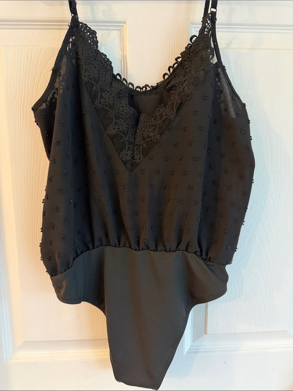 SHEIN Black Lace Trim Swiss Dot Bodysuit